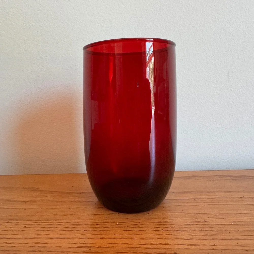 Vintage Ruby Red Glass Cylinder Vase Mid Century Modern Minimalist Juice‎ Glass